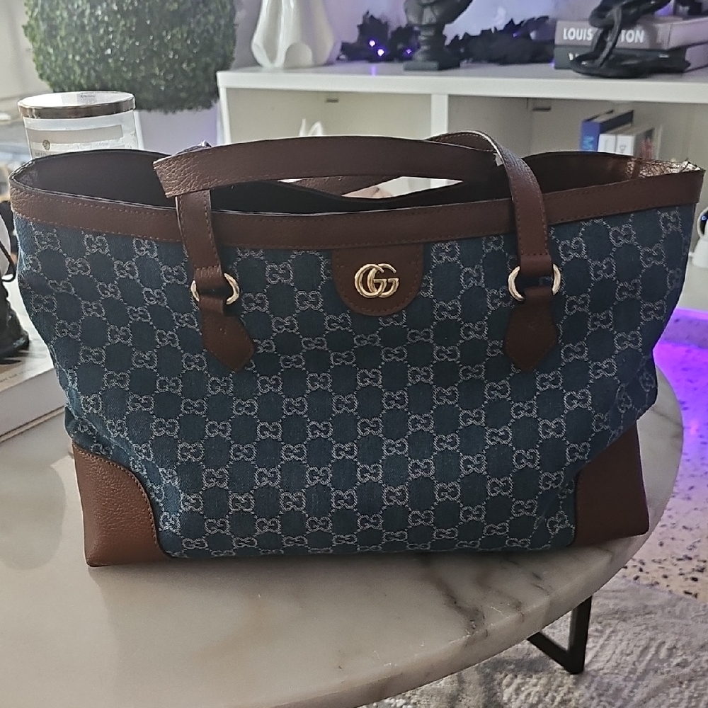 Denim and Brown Leather Tote Bag